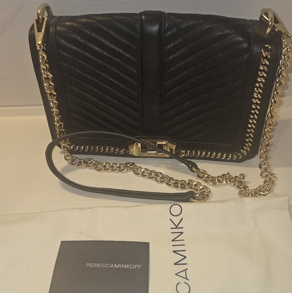 Rebecca Minkoff Love Crossbody Bag Black Chevron Quilted Leather with Gold Chain - Picture 5 of 16